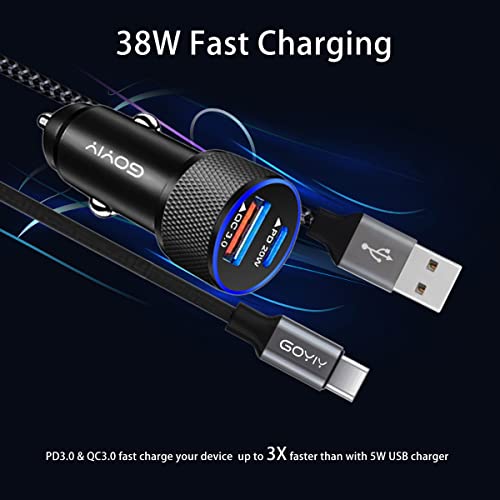 USB C Car Charger, 38W 2-Port PD3.0&QC3.0 Metal Fast Car Charger with 3.3ft 60W Braided USB C Cable Fast Charging for iPhone 15 Pro Max Plus Samsung Galaxy S23 iPad Pro, Black