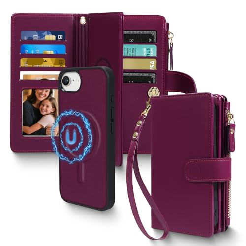 Magnetic Case for iPhone 16E Wallet Compatible with Magsafe RFID Blocking Card Holder Detachable Phone Cover Kickstand Snap Strap Zipper Pocket PU Leather (Burgundy) - color: Burgundy, size: iPhone 16e