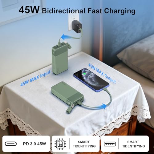 NOBIS Portable Charger 20000mAh 45W Power Bank w/Detachable Cable - color: Green