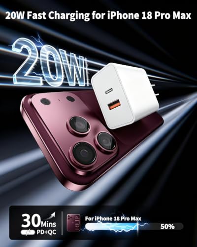 USB C Wall Charger Block,20W USB C&USB A Dual Port Charging Block Plug USB C Power Adapter Compatible for iPhone Duo/18 Pro/18 Pro Max/17 Pro Max/Air/16e/16Plus/15/14/13/12/11,iWatch,iPad Pro/Air/Mini