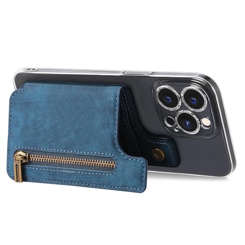 Wallet Stick on Phone Case, Credit Card Holder for Back of Phone Cases Retro Flip Leather Zipper Sleeve Pouch Compatible with iPhone, Samsung Galaxy Android Most Smartphones Blue - color: Blue