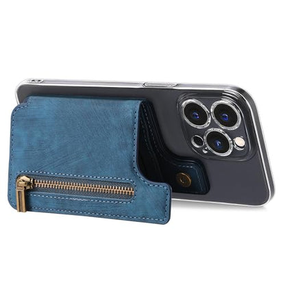 Wallet Stick on Phone Case, Credit Card Holder for Back of Phone Cases Retro Flip Leather Zipper Sleeve Pouch Compatible with iPhone, Samsung Galaxy Android Most Smartphones Blue - color: Blue
