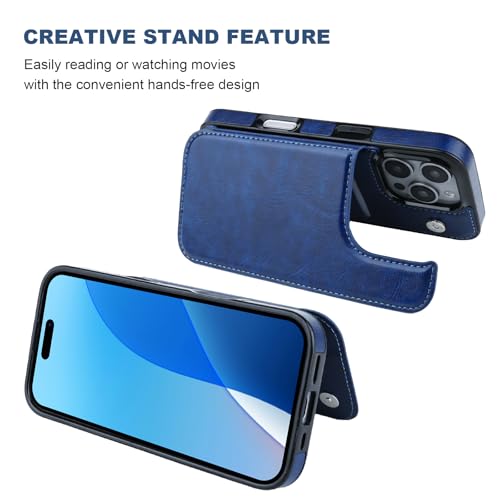 ONETOP for iPhone 16 Pro Wallet Case with Credit Card Holder,Blue | Kickstand,ID/Cash Holder,Case Wallet with Card Slots,Double Magnetic Clasp,Durable PU Leather Shockproof Cover for Women Men - color: Blue