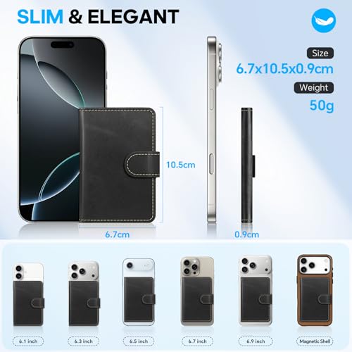 SHIELDON Genuine Leather for Magsafe Wallet, Retro Black | Strong Magnetic, Card Holder, Rfid Blocking, 6 Card Slots, ID Window, for iPhone 17/16/15/14/13/12 Series & Magnet Case - color: Black - Retro