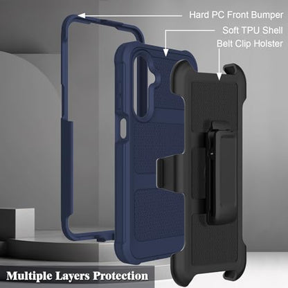 for Samsung Galaxy A16 5G Case with 2 Pack Tempered Glass Screen Protector, [Holster Series] Belt Clip Hard Tough Heavy Duty Rugged Shockproof Protective Cell Phone Case (Dark Blue) - color: Dark Blue