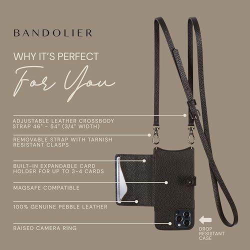 Bandolier Mila Leather Crossbody MagSafe Phone Case iPhone 16 Pro- Black/P | Crossbody leather phone case. Built-in card-holder. Adjustable & removable strap. MagSafe Design. Phone drop protection. - color: Black/Pewter, size: iPhone 16 Pro