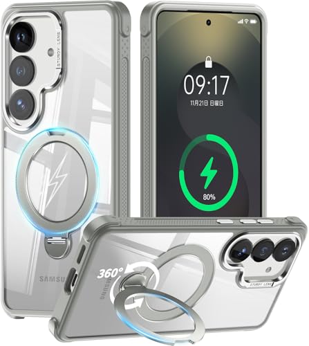 [360° Rotatable Invisible Magnetic Stand & Fit for MagSafe Designed for Samsung Galaxy S25 Case with Kickstand [Mil-Grade Shockproof] Clear Hard Back Cover for Galaxy S25, Gray - color: Gray, size: For Galaxy S25
