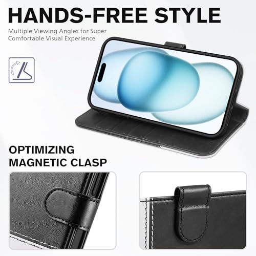 TUCCH Case Wallet for iPhone 15 (6.1"), RFID Blocking Folio, Black & White | 4 Card Holders, Kickstand, PU Leather, Magnetic Closure, Shockproof TPU Shell, Protective Flip Cover - color: Black & White