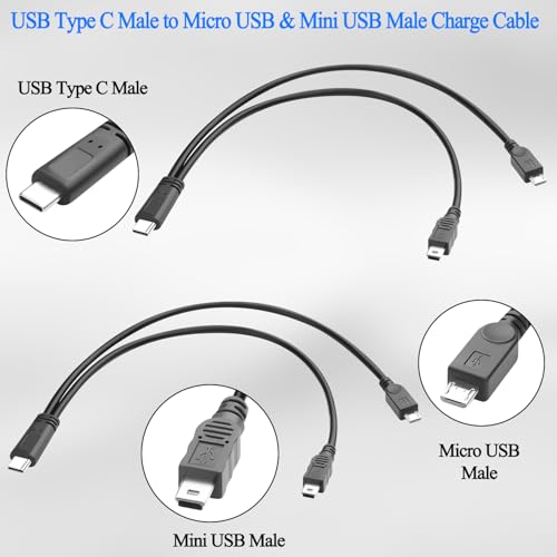 QIANRENON USB C to Micro USB & Mini USB 1 in 2 Charging Short Cable, 5V 3A, 30cm/11.8in, 2Pcs