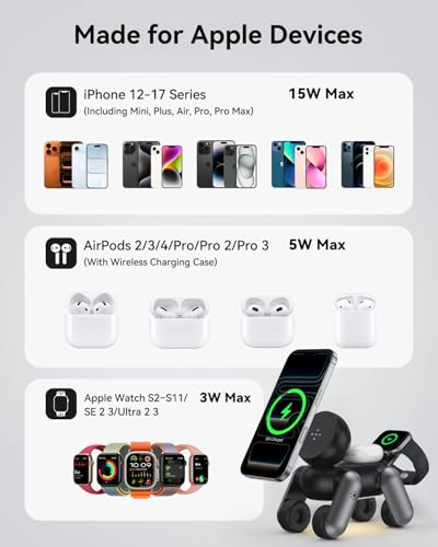 3 in 1 Charging Station for Apple Devices, Magnetic Wireless Fast Charger Stand Compatible with MagSafe for iPhone 17/16/15/14/13/12/Air Series, Apple Watch & Airpods - color: Black