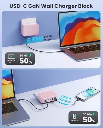 USB C Charger 200W USB Charging Block,6 Ports Foldable Wall Charger Outlet Plug,QC4.0 Fast Charging Station Hub,PD 65W Laptop Adapter for MacBook Pro/Air,Dell,iPhone 17/16/15,Galaxy (Pink) - color: Pink