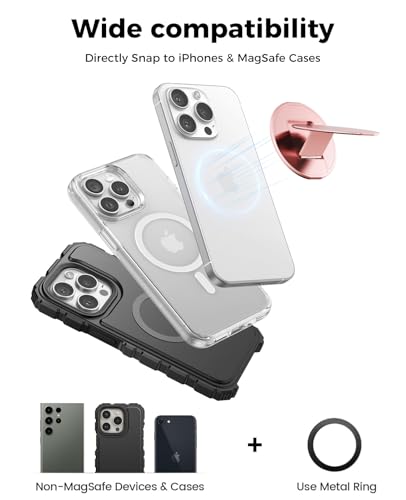 Two-Sided Magnetic Phone Ring Holder for MagSafe, Magnetic Cell Phone Grip Stand Finger Ring Kickstand Compatible with iPhone /17/16/15/14/13/12Pro Max MagSafe Accessories (Pink Metal)