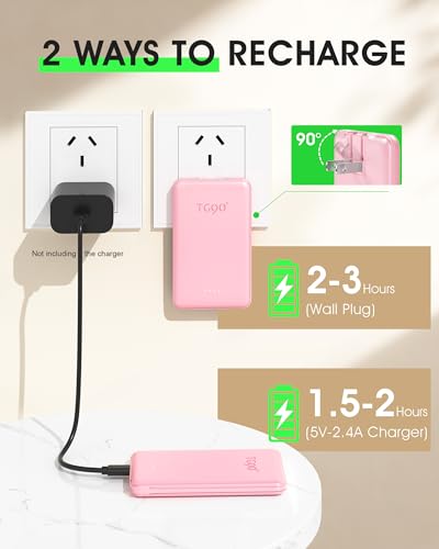 TG90° 5000mah Ultra Slim Power Bank Built-in AC Plug & 2 Cables,Pink - color: Pink
