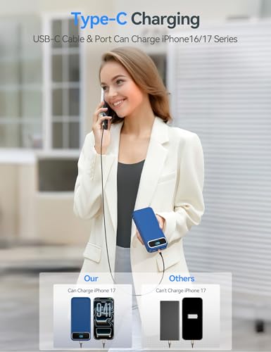 aonidi Portable Charger 20000mAh with Built-in Cables&AC Wall Plug, Navy - color: Steel Blue