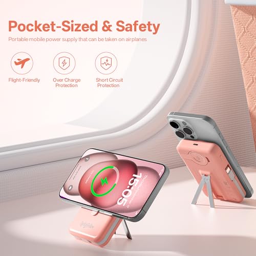 Magnetic Portable Charger Built-in Cables,10000mAh Fast Charging Wireless Charger Station External Battery Pack Slim Pocket Size Power Bank with Stand Compatible with iWatch, iPhone - color: Pink