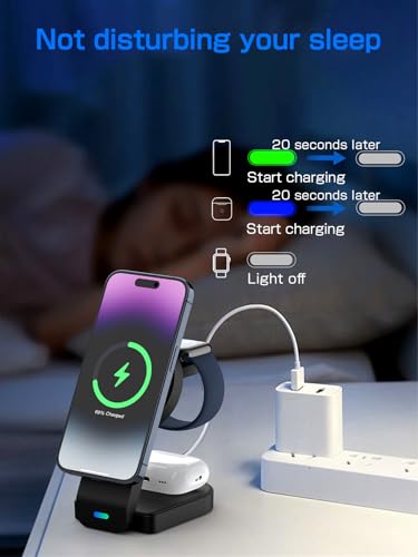 2025 Magnetic 3 in 1 Wireless Charger, Mag-safe Charger Stand Wireless Charging Station for Apple iPhone 16/15/14/13/12 series, for Apple Watch and Airpods, 18W Foldable Fast Charging Dock - Black