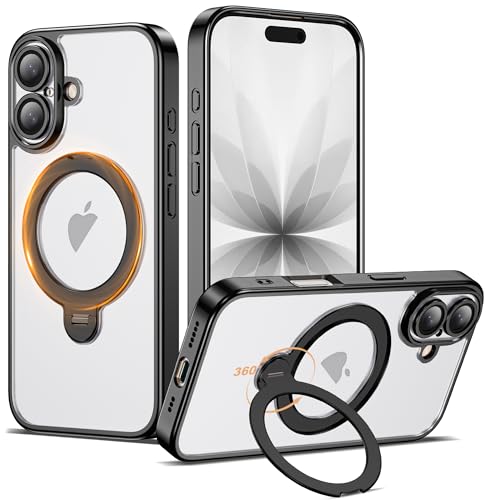 Compatible with iPhone 17 Case with 360° Spin Magnetic Ring Stand [Compatible with Mag-Safe] Full Camera Lens Protector Plating Clear Phone Case for iPhone 17 6.3", Black - color: Black, size: Iphone 17