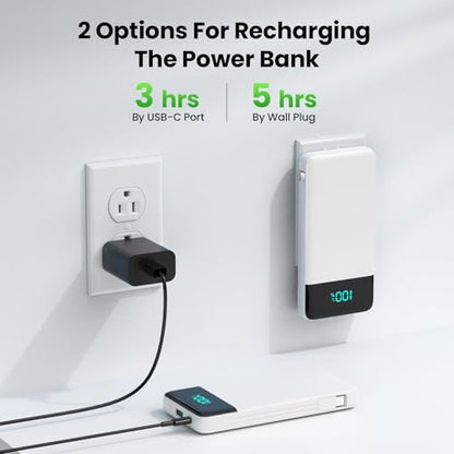 Portable Charger with Built-in AC Plug and Cables,13800mAh All in One USB C Fast Charging Power Bank,Travel Essentials Portable Phone Charger Battery Pack for iPhone 17/16/15/14,Galaxy,Android-White - color: White