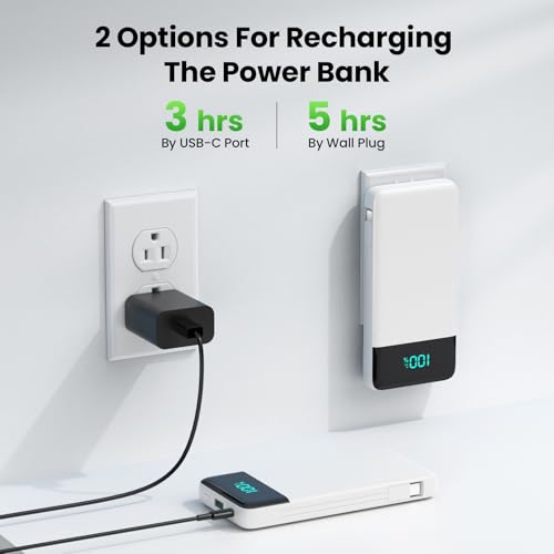 Portable Charger with Built-in AC Plug and Cables,13800mAh All in One USB C Fast Charging Power Bank,Travel Essentials Portable Phone Charger Battery Pack for iPhone 17/16/15/14,Galaxy,Android-White - color: White