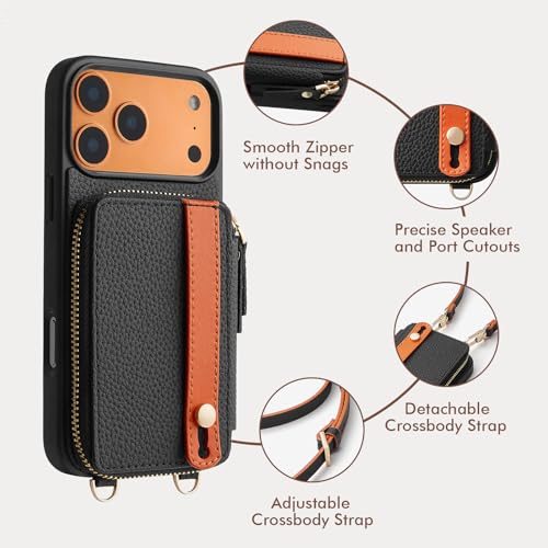 LAMEEKU for iPhone 17 Pro Max Wallet Case with Crossbody Strap, Phone Grip Holder Stand Wrist Strap Cover 6.9 inch Black - color: Black, size: iPhone 17 Pro Max 6.9''