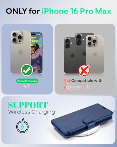 OCASE Compatible with iPhone 16 Pro Max Wallet Case, PU Leather Flip Folio Case with Card Holders RFID Blocking Kickstand [Shockproof TPU Inner Shell] Phone Cover 6.9 Inch 2024, Blue | Magnetic Flip Folio Cover with RFID Blocking, Card Holders, Shockproof
