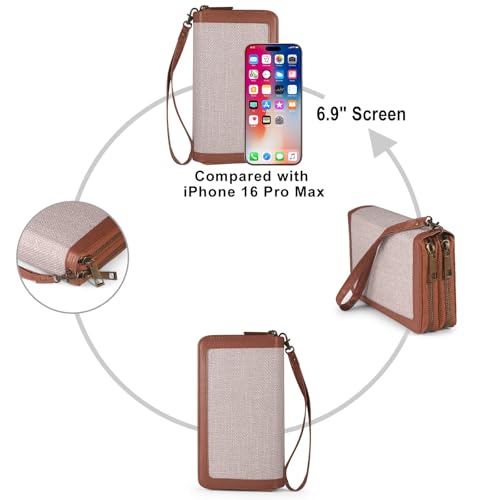 Double Zipper Wallet RFID Blocking Cellphone Wristlet for Women Large Capacity Multi Card Clutch Purse with Removable Strap, Grey Linen Brown - color: Grey Linen Brown