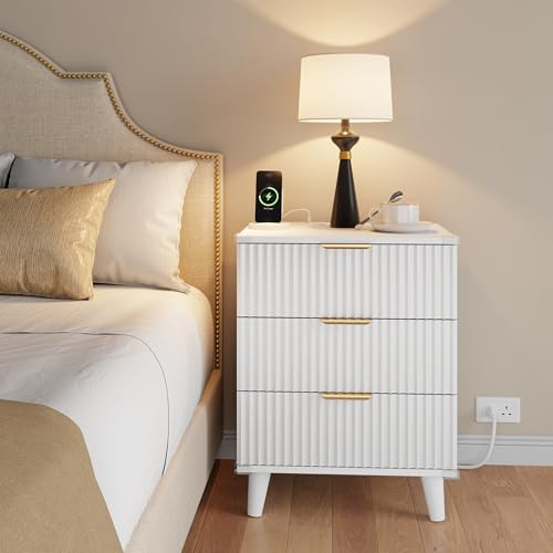 Lulive Wood Bedside Table w/Charging Station, 3 Drawers Fluted Dresser - color: White, size: 3 Drawers-Set of 1 Nightstand