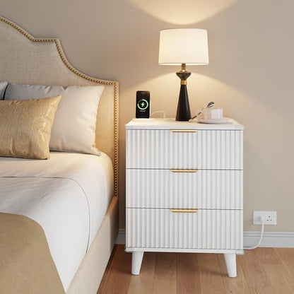 Lulive Wood Bedside Table w/Charging Station, 3 Drawers Fluted Dresser - color: White, size: 3 Drawers-Set of 1 Nightstand