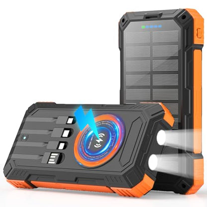 Solar Charger Power Bank 49800mAh Wireless Portable Phone Charger, 22.5W QC3.0 Fast Charging Built in 4 Cables with USB C 6 Outputs & 2 Inputs for All Cell Phone - color: Orange