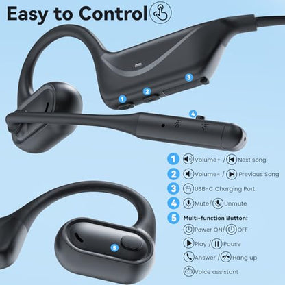 MONODEAL Open Ear Headphones with Mic, Lightweight Bluetooth 5.4 Headset with Microphone Noise Cancelling Mute Button, Wireless Headset Earphones for Work, Driving, Home Office, Workouts - color: Black