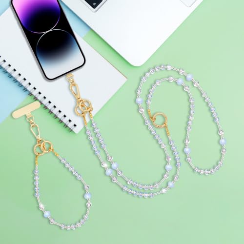 Crystal Phone Strap Crossbody and Wrist Lanyard, Anti Theft Layered & Wrist Strap Cell Phone Neck for Women - color: Blue Beaded