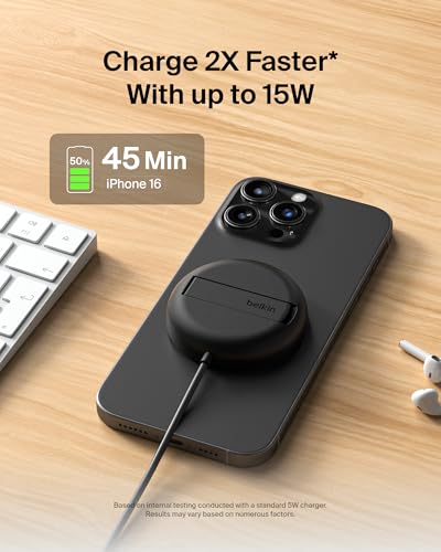 Belkin Qi2 15W Magnetic Wireless Charging Pad, Kickstand with Adapter - style: Power Supply Included (Gen 2)