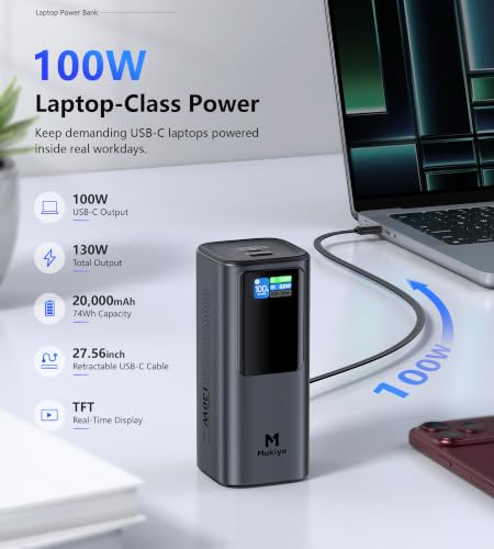 Mukiya 20000mAh Laptop Power Bank with Retractable Cable & Stand