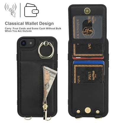 Crossbody Wallet Case for iPhone 7/8/SE 2020/SE 2022, with Card Slots Zipper Pocket Case, Flip Folio Purse RFID Blocking with Ring Kickstand Detachable Strap-Black - color: Black, size: iPhone 7/8/SE 2020/SE 2022 (4.7")