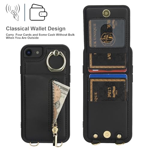 Crossbody Wallet Case for iPhone 7/8/SE 2020/SE 2022 with Lanyard Strap Card Slot Holder RFID Blocking Kickstand,Magnetic Flip Folio Zipper Purse Case, PU Leather Cover Handbag,Black - color: Black, size: iPhone 7/8/SE 2020/SE 2022(4.7")