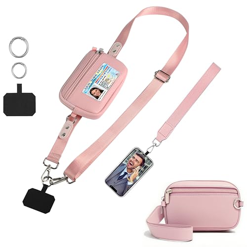 Phone Lanyard Crossbody with Wrist Strap, Adjustable Phone Strap Crossbody with Detachable Wallet for All Phones,Universal Cell Phone Neck lanyard for Travel Essentials-Pink - color: Pink