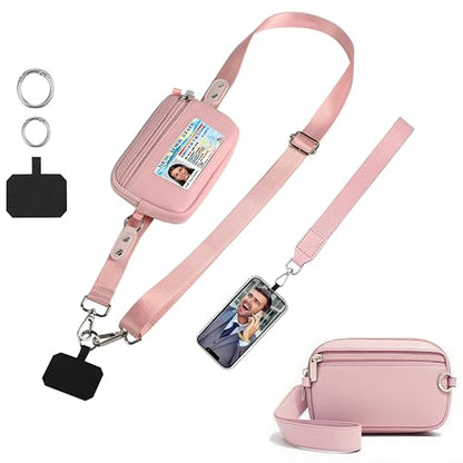 Phone Lanyard Crossbody with Wrist Strap, Adjustable Phone Strap Crossbody with Detachable Wallet for All Phones,Universal Cell Phone Neck lanyard for Travel Essentials-Pink - color: Pink