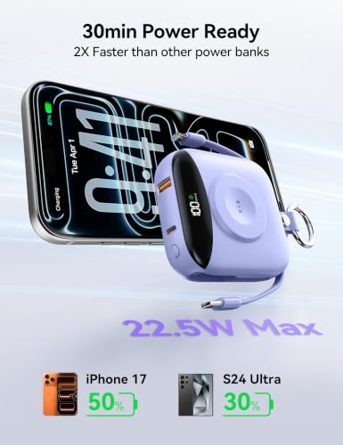 Portable Charger 10000mAh 22.5W Power Bank Built-in 2 Cables Keychain | Charge 5 Devices, TSA approved, Travel Fast Charging Battery Pack for iPhone Samsung Google Android & iWatch Charger, Purple - color: Purple