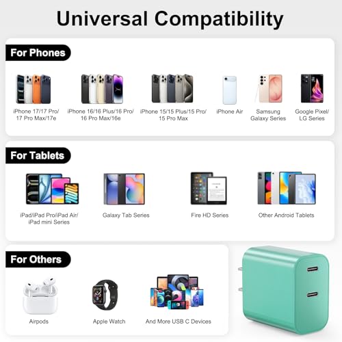 iPhone 18 17 16 15 Charger Fast Charging, 20W Dual Port USB C Charger Block - color: Green