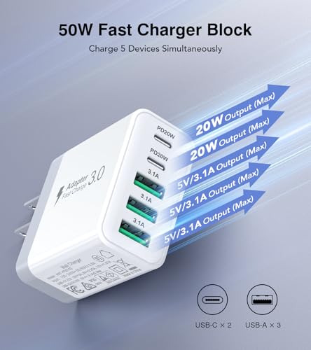 2Pack USB C Fast Charger Block, 60W 5-Port USBC Wall Charger Plug Adapter