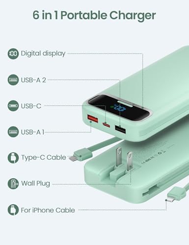 aonidi Portable Charger 12000mAh with Built-in Cables&AC Wall Plug, Green - color: Green