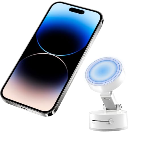 Vacuum Suction Magnetic Car Phone Holder, Rotatable Foldable Vehicle Smartphone Mount for Windshield Smooth Surface, Adjustable Automotive Cellphone Stand, Universal Fit (White)