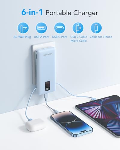charmast Portable Charger Power Bank Built in Cables,10000mAh Battery Pack | with AC Wall Plug,LED Display & 5 Outputs,Travel Camping Essentials Slim External Phone Charger for iPhone,Samsung,Android - color: Skyblue
