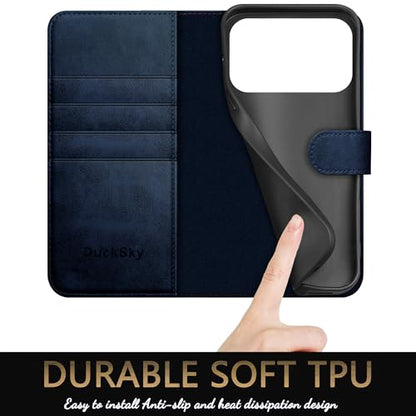 DuckSky Compatible with iPhone 17 Pro Max 6.9" Genuine Leather Wallet case【RFID Blocking】【4 Credit Card Holder】【Real Leather】 Flip Phone case Cover Women Men for Apple 17 Pro Max case Dark Blue - color: Dark Blue
