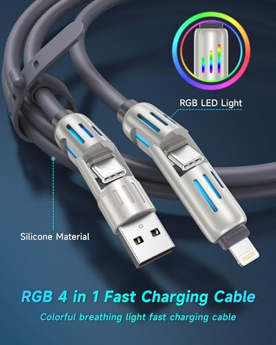 RAVIAD 240W 4 in 1 Charging Cable 4FT, Chubby USB A/C to C/L Multi Charger Cable with RGB LED Light Compatible with iPhone 16 15 14 Pro Max/Plus/Samsung USB C to C Multi Charging Cable for All Devices