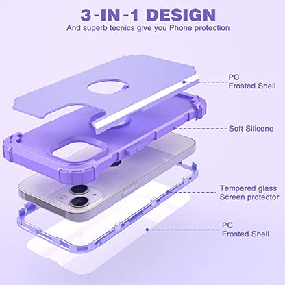 IDweel for iPhone 15 Case with Tempered Glass Screen Protector, 3 in 1 Shockproof Slim Hybrid Heavy Duty Hard PC Cover Soft Silicone Bumper Full Body Case,Purple - color: Purple