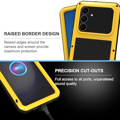 LOVE MEI Military Rugged Case for Samsung Galaxy S25 FE 5G, with Tempered Glass Screen Protector, Shockproof Dustproof Scratch Proof Hybrid Metal and Silicone Gel Heavy Duty Full Body Cover (Yellow) - color: Yellow