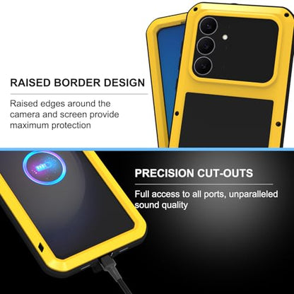 LOVE MEI Military Rugged Case for Samsung Galaxy S25 FE 5G, with Tempered Glass Screen Protector, Shockproof Dustproof Scratch Proof Hybrid Metal and Silicone Gel Heavy Duty Full Body Cover (Yellow) - color: Yellow