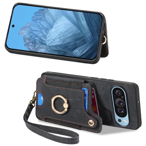for Google Pixel 11 Pro XL Phone Case Wallet Card Holder,PU Leather Flip Folio Case,RFID Blocking Ring Holder Kickstand Wrist Strap Magnetic Protective Women Men Cover Black - color: Black, size: Pixel 11 Pro XL