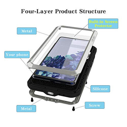 LOVE MEI Military Rugged Case for Samsung Galaxy S20 FE 5G, with Glass Screen Protector, Shockproof Dustproof Scratch Proof Hybrid Alloy and Silicone Gel Heavy Duty Full Body Cover Silver - color: Silver